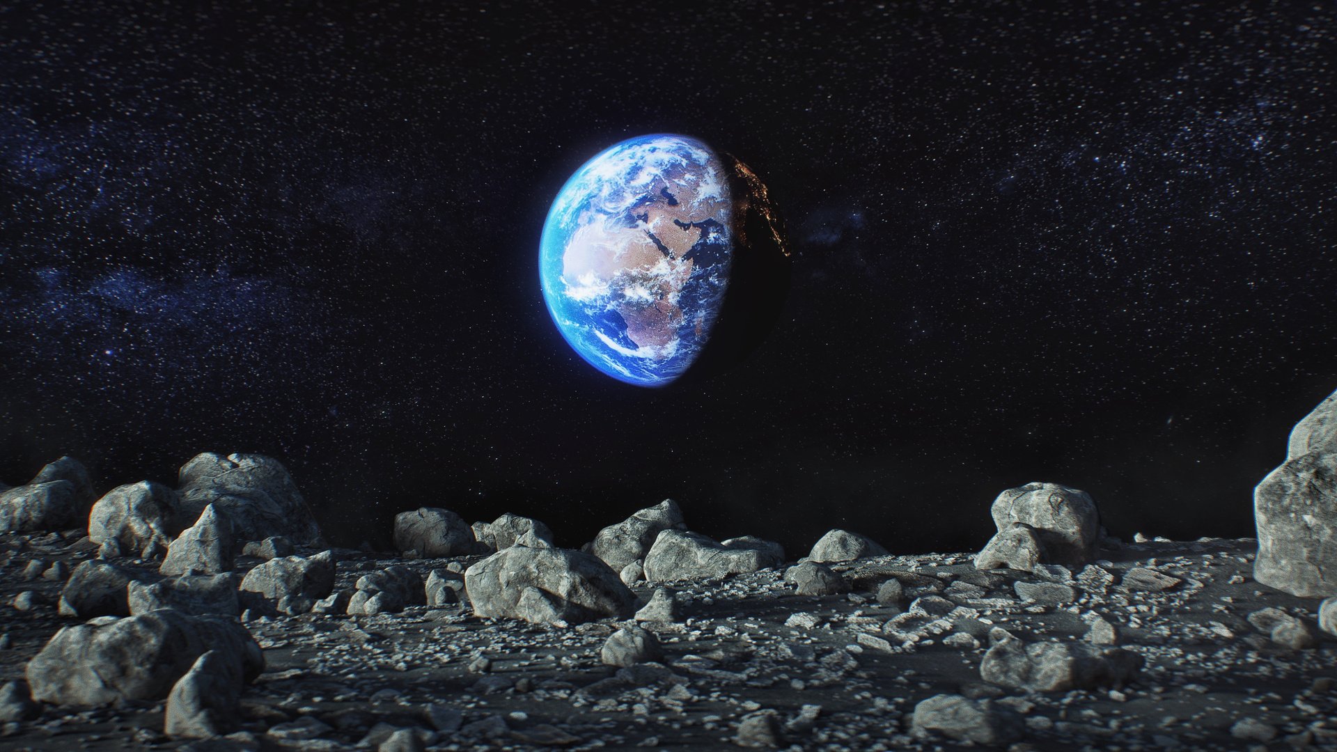 Planet Earth seen from the Moon Rocky Surface